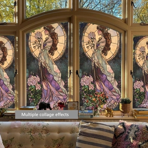 Detalle de película para ventana Art Nouveau con diseño floral estilo Alphonse Mucha