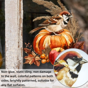 Detail of autumn window clings featuring watercolor pumpkins, maple leaves and sparrows