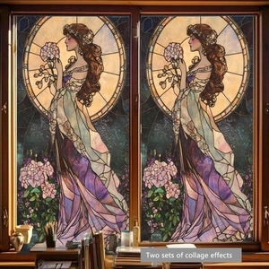 Detalle de película para ventana Art Nouveau con dos elegantes patrones de collage de damas