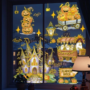 Halloween Fensterbilder Set mit leuchtenden Kürbissen, Geisterschloss und Kutsche