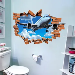 3D airplane crashing through brick wall wall sticker for creative living room decoration