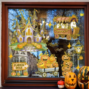 Halloween Fensterbilder mit lila Schloss, Geistern, Kürbissen und einer Kutsche