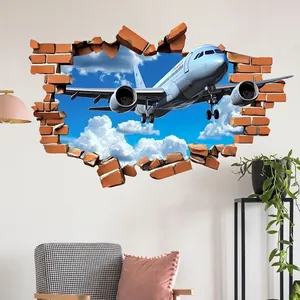 3D airplane wall sticker with blue sky and brick hole design for living room decor