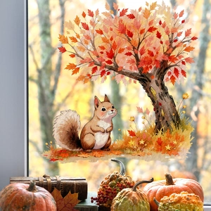 Double-sided window sticker featuring a watercolor squirrel and red maple tree for autumn