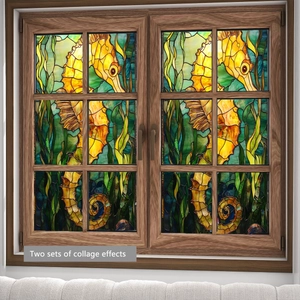 Película decorativa de ventana estilo vidriera de caballito de mar con efectos collage