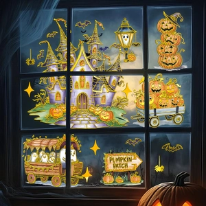 Halloween Fensteraufkleber Set mit Geisterschloss und Kürbissen für die Wanddeko