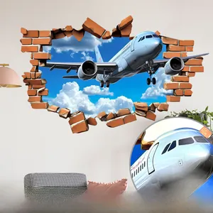 Detail of 3D airplane wall sticker with broken brick effect and blue sky scenery