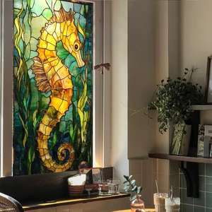Detalle de vinilo estático para ventana de caballito de mar con efecto vidriera