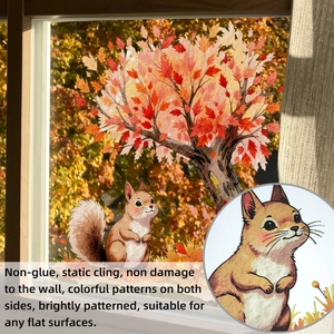 Detail of static cling window sticker with autumn maple tree and squirrel pattern