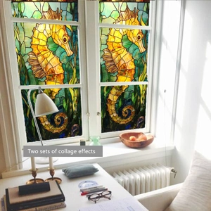 Collage de dos pegatinas de ventana de caballitos de mar con plantas en la oficina