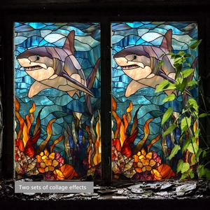 Película para ventanas estilo vitral de tiburón océano con arrecifes de coral y olas