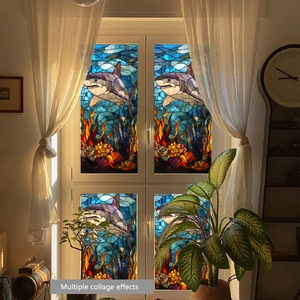 Lámina estática para ventana estilo vitral de tiburón con escena de arrecife de coral