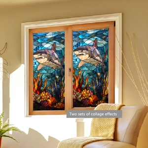 Lámina para ventana estilo vitral de tiburón y coral, efecto de dos conjuntos