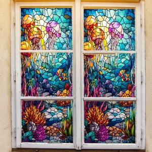 Lámina decorativa para ventanas estilo vitral con medusas y arrecifes de coral