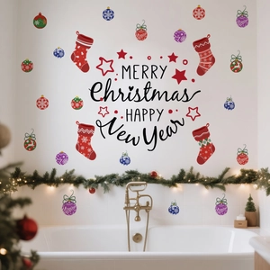 Close-up of Merry Christmas wall stickers with red stockings and ornaments in a bathroom
