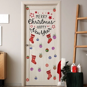 Christmas door decals with Merry Christmas text, red socks, and colorful ornaments