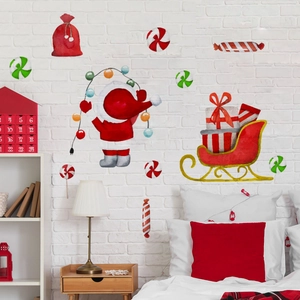 Christmas snowman wall decals set with watercolor Santa and sleigh on white brick bedroom wall
