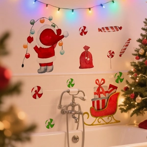 Detailed view of Christmas Santa and reindeer wall stickers in a cozy bathroom setting