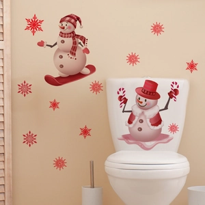 Detail of 3D Christmas snowman wall stickers with snowflakes on a bathroom surface