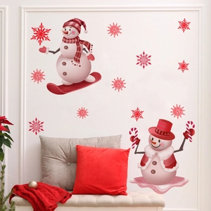 Christmas snowman wall decals with red snowflakes for festive living room home decoration