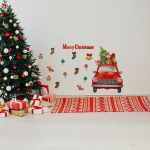 Detail of Christmas wall stickers featuring a red retro car with gifts and Merry Christmas text