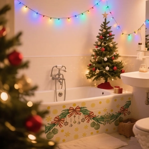 Detail of Christmas wall stickers featuring bows and pine branches on a bathtub