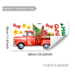 Detailed dimensions of Christmas wall decal with vintage red truck and watercolor stars