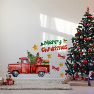 Detail of watercolor Christmas wall decal with red vintage truck and Merry Christmas text