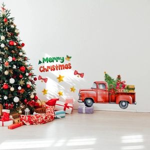 Detail of Merry Christmas wall decals featuring red vintage truck and festive tree elements