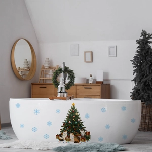Detailed view of Christmas tree and cat wall decals in a modern bathroom setting
