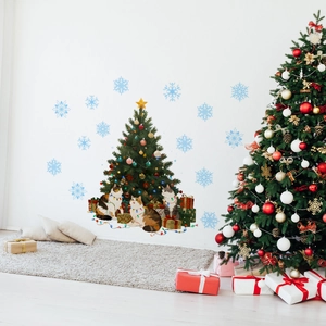 Detailed Christmas wall decals set featuring a festive tree, cute cats, and blue snowflakes