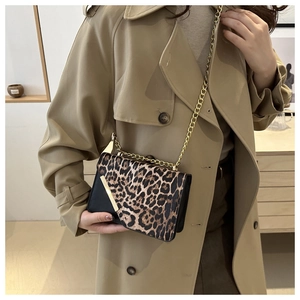 Detail of leopard print crossbody bag with gold chain strap and metallic bar accent
