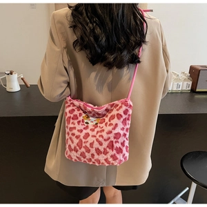 Pink leopard print plush shoulder bag with cute cartoon dog embroidery and thin strap