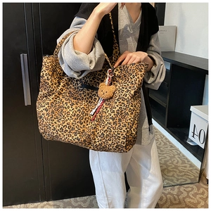 Retro leopard print canvas tote bag with plush bear charm, spacious large capacity handbag
