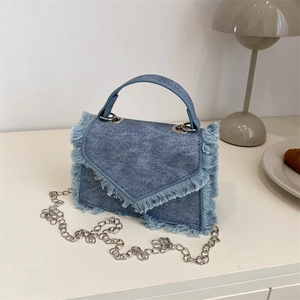 Retro Denim Umhängetasche Für Damen Mit Fransen Mini Ketten Messenger Bag Kleine Quadratische Handtasche Streetwear Blau Tasche