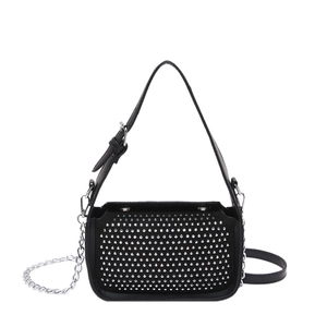 Black leather crossbody bag with silver studs and metal chain strap on white background
