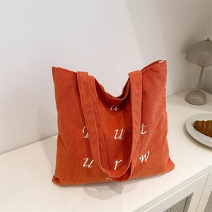 Sac Cabas En Velours Côtelé Pour Femmes Grande Capacité Sac À Épaule Avec Broderie De Lettres Pour Étudiants École