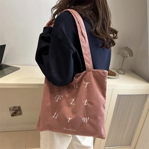 Sac fourre-tout en velours côtelé rose avec broderie blanche pour étudiantes et loisirs
