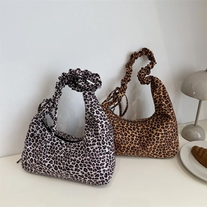 Ruched handle leopard print hobo shoulder bags in brown and black-white fabric patterns
