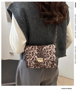 Detail view of leopard print crossbody bag with gold twist-lock on a female model
