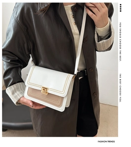 Detail of color-block crossbody bag with white body, khaki flap, and gold buckle