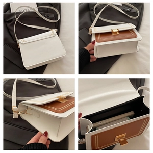 Detail view of contrast stitching and gold buckle closure on an embroidery crossbody bag