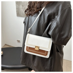 Detail of color-block crossbody bag featuring gold hardware and adjustable strap on a model
