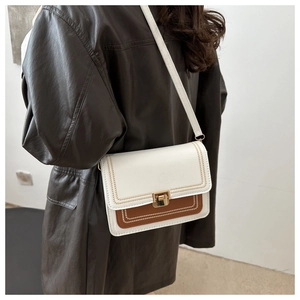 Detail of color-block crossbody bag with gold metallic lock and embroidery on white leather
