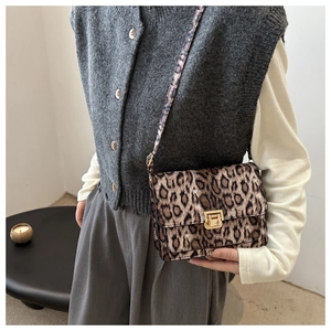 Detail of leopard print crossbody bag with gold twist lock on a minimalist model setup
