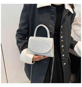 Detail of silver rhinestone mini handbag featuring elegant metal chain and luxury finish