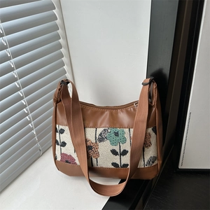 Vintage Floral Jacquard Splicing PU Leather Tote Bag Large Capacity Women Shoulder Bag Korean Fashion Crossbody Bag