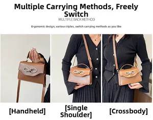 Brown PU leather bag detail showing crossbody, shoulder, and handbag carrying styles