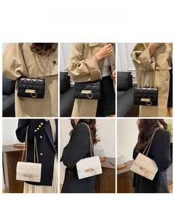 Detail shots of mini quilted chain bags in black and beige showing various styling methods