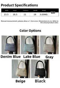 Quilted nylon shoulder bag shown in five colors with dimensions and size specifications